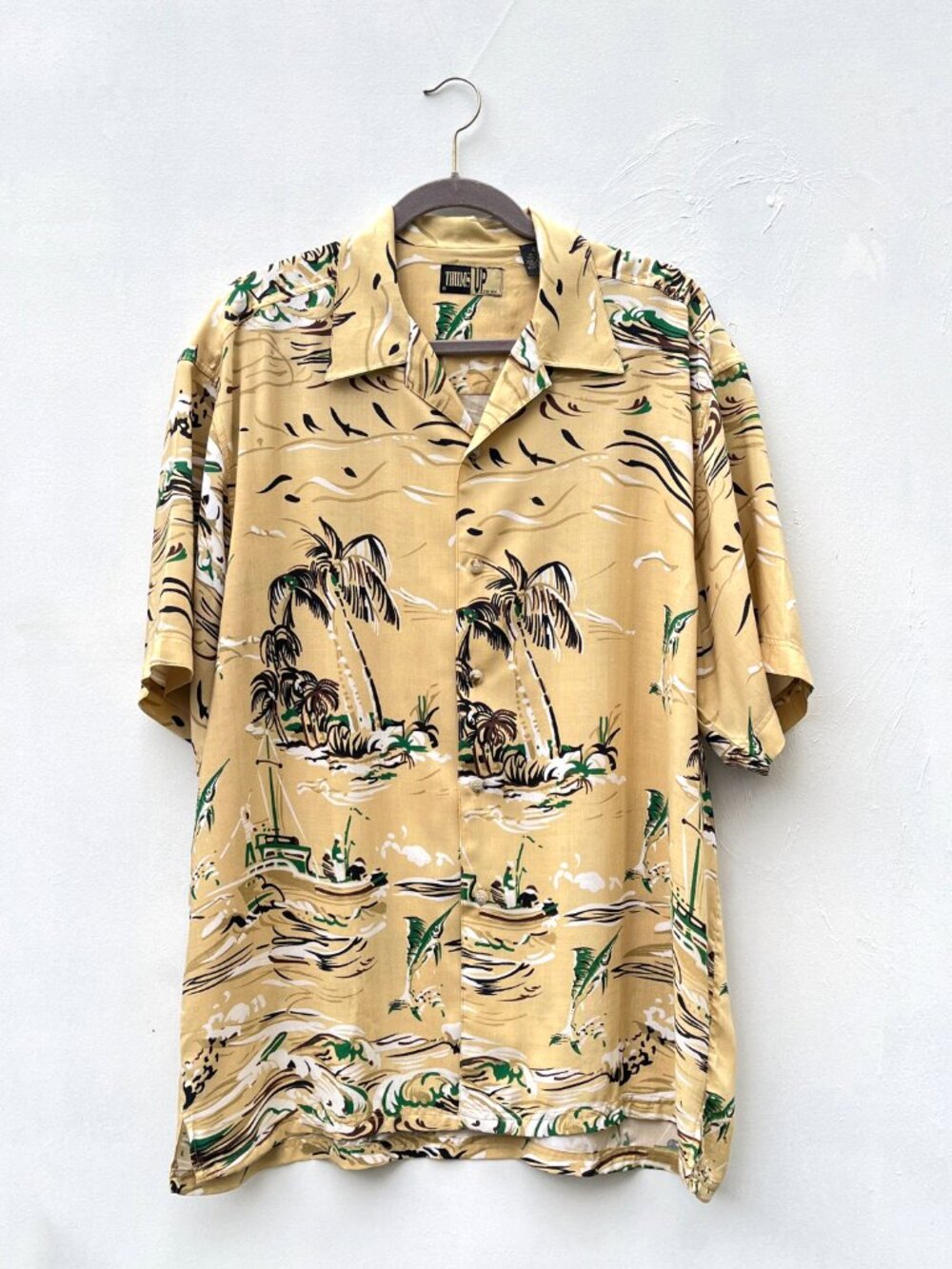 Vintage 80s Men's Thums Up for Him Yellow Rayon Hawaiian Fishing Shirt Large